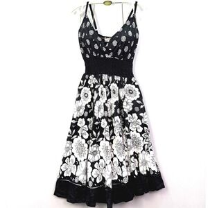 J Lee Black White Floral Cotton Midi Sun Dress Smocked Waist NWT Small